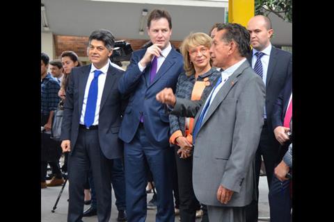 Leo Suarez of Holdtrade Atlantico, UK Deputy Prime Minister Nick Clegg, Minister of Transport Cecilia Álvarez-Correa,  Tren Turistico de la Sabana operator.